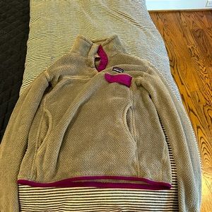 Patagonia, gray and purple sweatshirt.